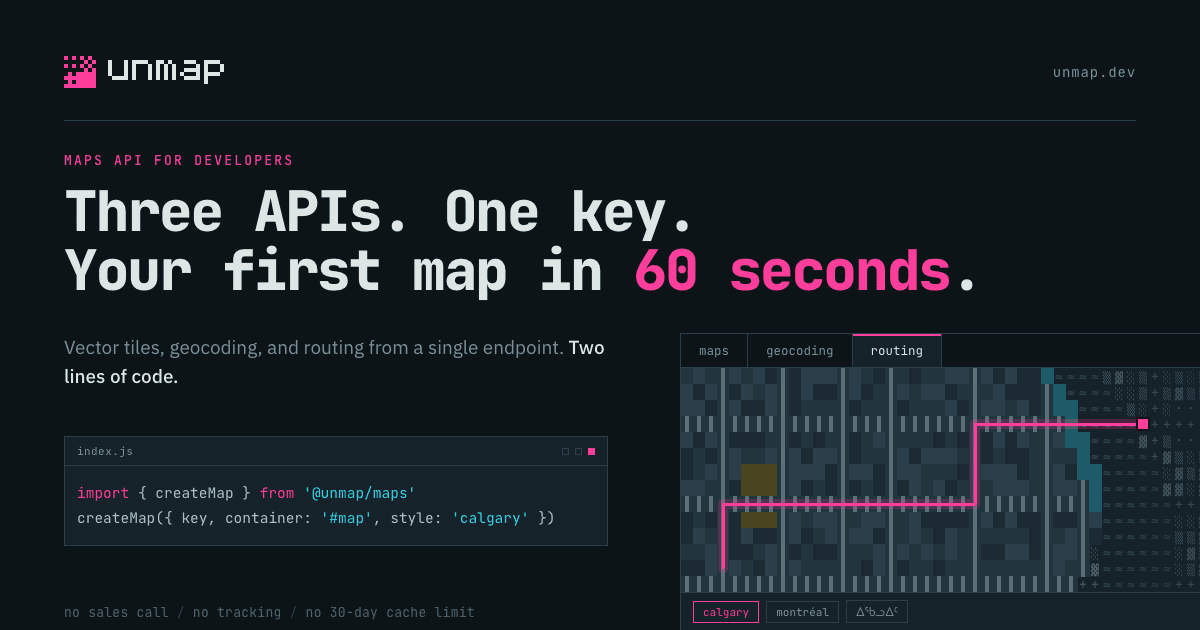 Unmap — “Three APIs. One key. Your first map in 60 seconds.” A two-line code sample importing createMap from @unmap/maps, beside a routing preview over a Calgary basemap.